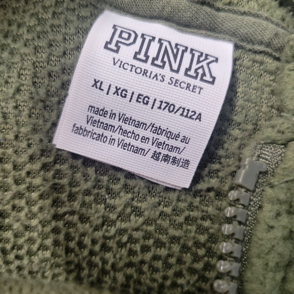 Victorias Secret PINK Sherpa Hooded Pullover Womens XL Green 1/2 Zipper Pockets - Picture 9 of 11